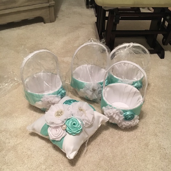 Teal and White wedding baskets and pillow
